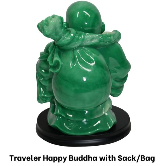 6" H Traveler Happy Buddha with Sack/Bag Jadite Simulated Jade  Base 5" W x 4" D - Picture 4 of 5